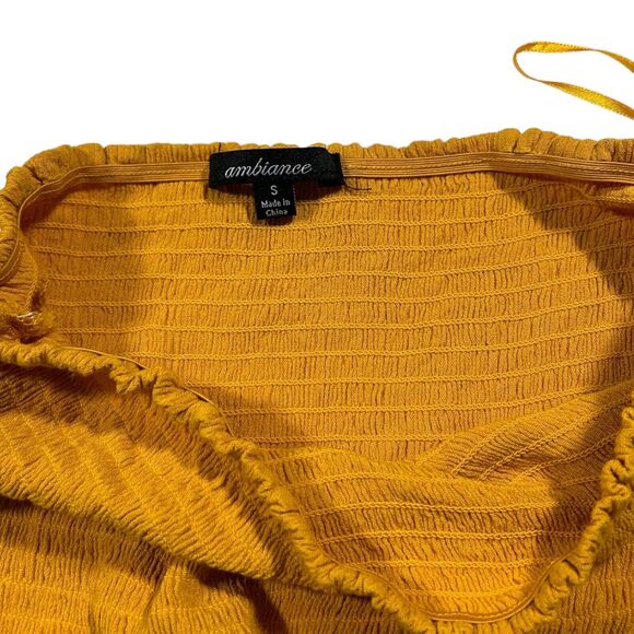 Ambiance Smocked Off Shoulder ￼￼￼Crop Top Size S Mustard Yellow Coquette - Picture 2 of 7